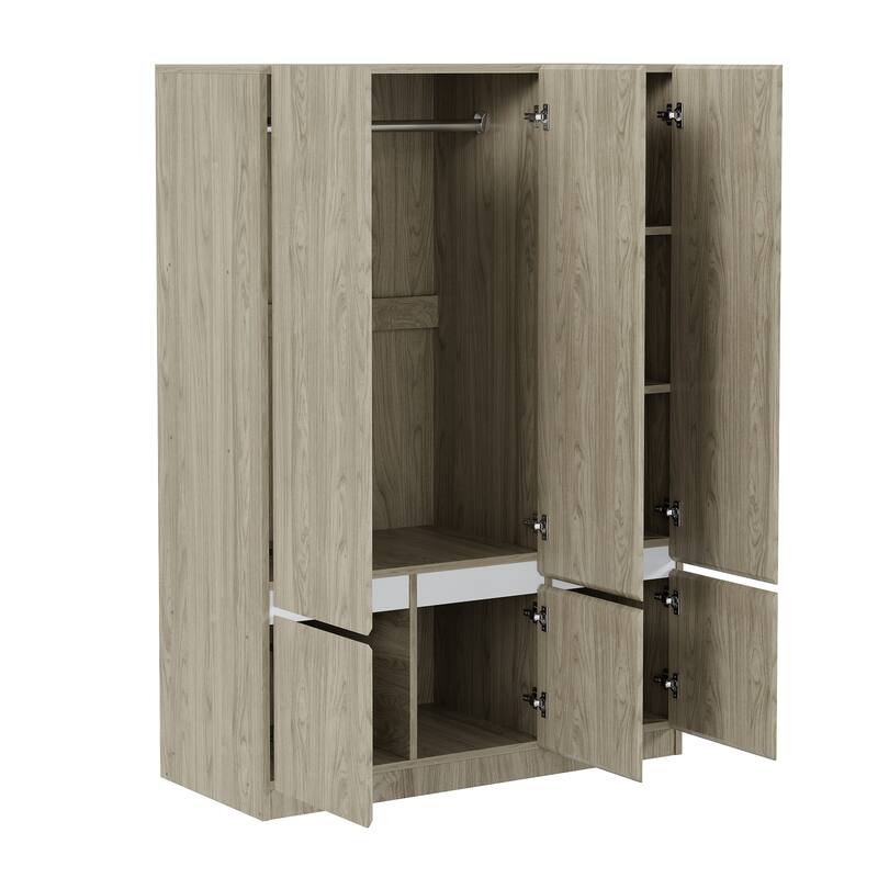 6-Doors Wooden Wardrobe Storage Armoire with Built-in Hanging Rail Clothes Storage Cabinet for Bedroom