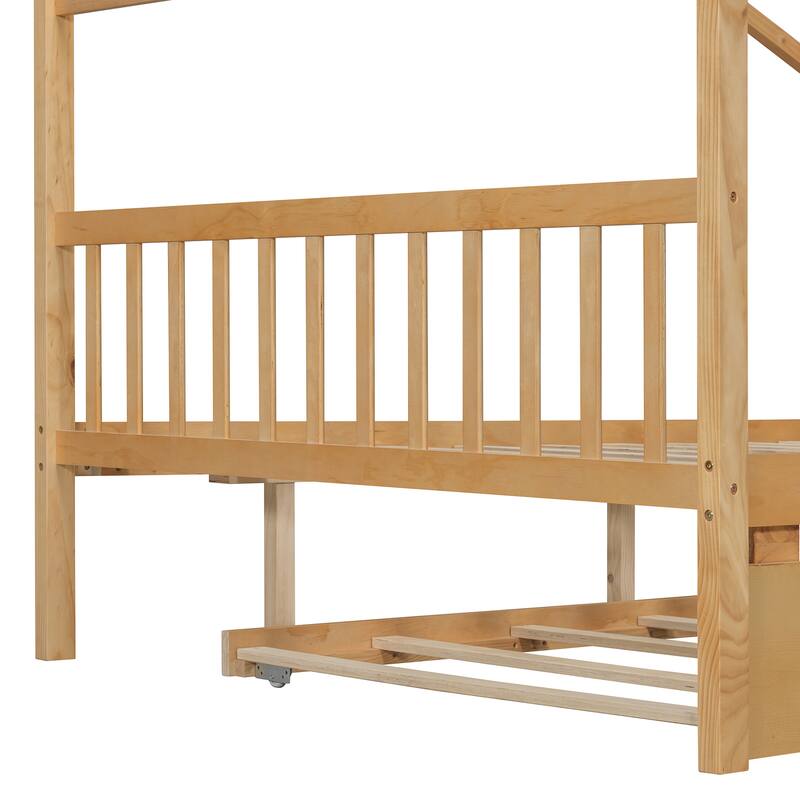 Kids Full Size House Bed with Pull-Out Trundle and Headboards Durable Pine Construction