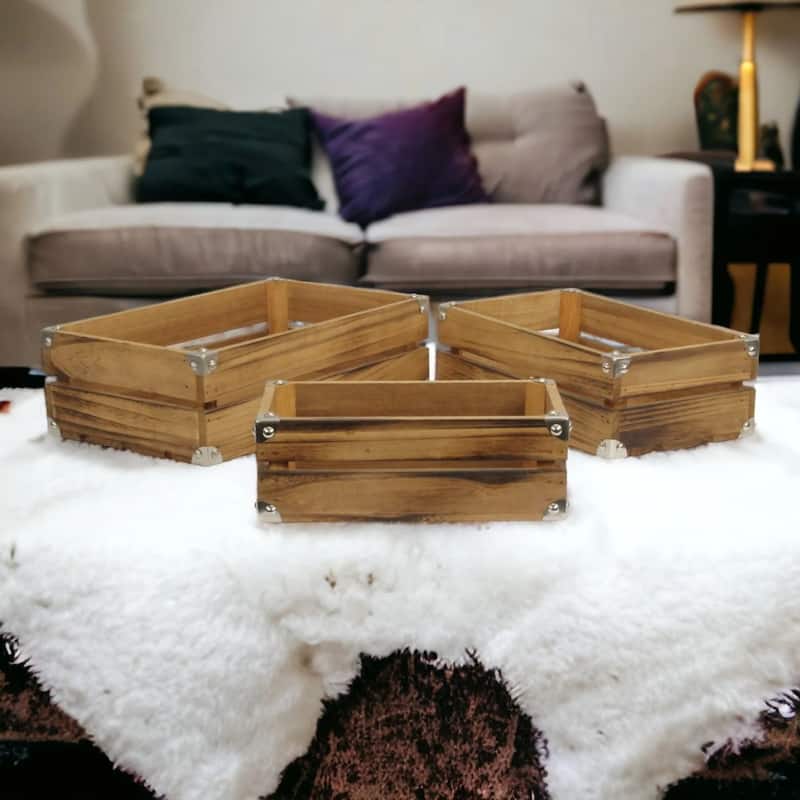 Set of 3 Farmstead Studded Wooden Storage Crates 15.75"