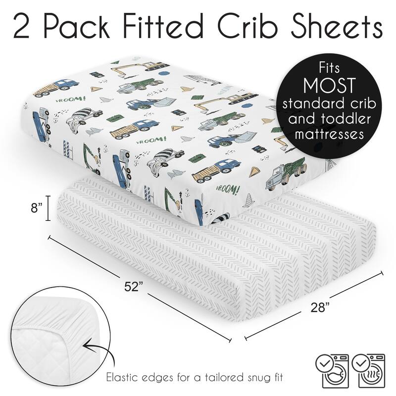 Sweet Jojo Designs Green Blue Construction Truck Boy 2 Pack Fitted Crib Sheets Transportation Tire Tracks Navy Black and White