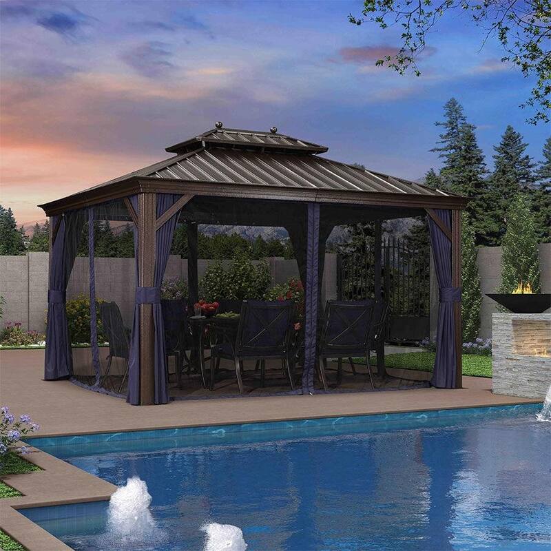 PURPLE LEAF Outdoor Hardtop Gazebo For Patio Bronze Aluminum Frame Pavilion With Navy-Blue Curtain