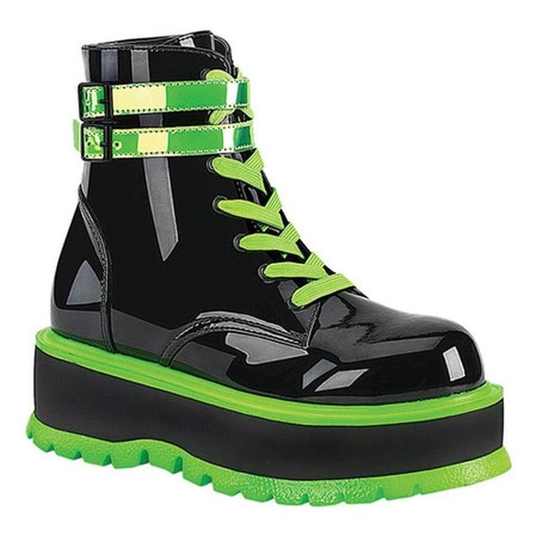 Demonia Women's Slacker 52 Platform Lace Up Ankle Boot Black Patent/UV Iridescent Green