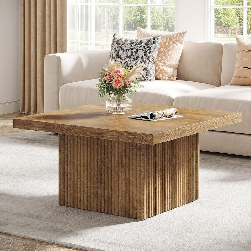 31.5 Brown Wood Square Coffee Table, Large Fluted Coffee Table for Living Room - Light Brown