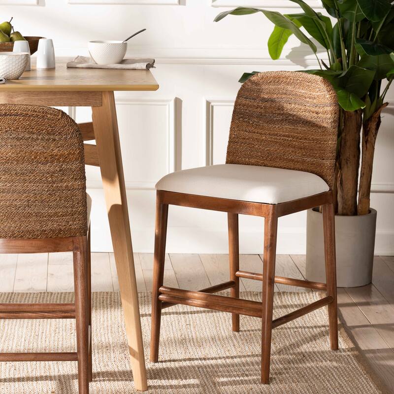 Nadim Modern Bohemian Seagrass and Acacia Wood Counter Stool
