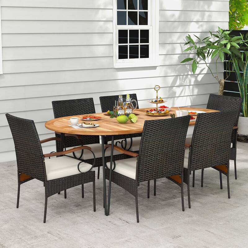 Gymax 9 PCS Acacia Wood Table & 8 Patio Wicker Armchairs Patio Rattan