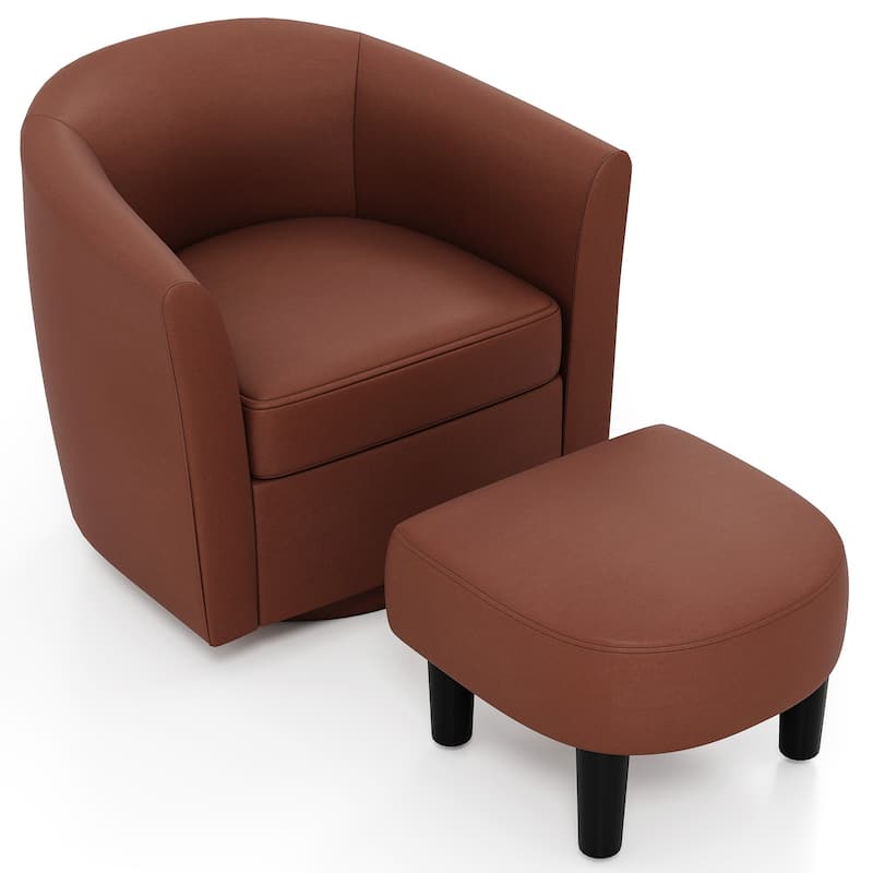 Costway Swivel Barrel Chair with Ottoman Footrest Curved Backrest & - See Details - Brown