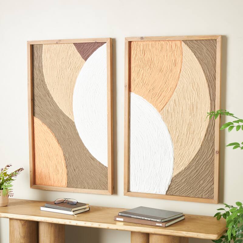 Brown Wood Overlapping Circles Abstract Home Wall Decor with Orange and White Accents (Set of 2) - Brown
