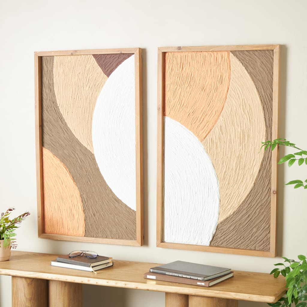 Brown Wood Overlapping Circles Abstract Home Wall Decor with Orange and White Accents (Set of 2)