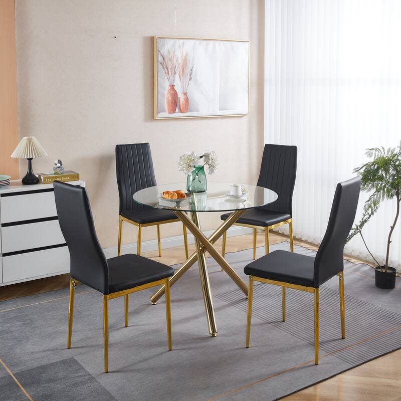 5 Pieces Dining Set, Table Metal Leg Mid-Century Dining Table for 4-6 People with Glass Table Top,Pedestal Dining Table - Dark Black