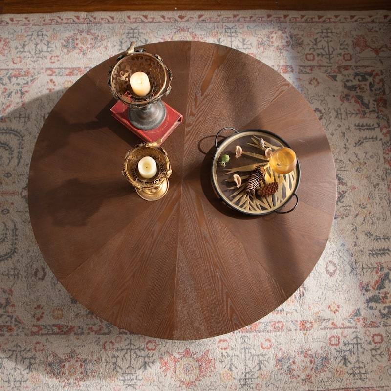 Handcrafted Relief Sturdy Circular Coffee Table Wooden Tea Table for Living Room