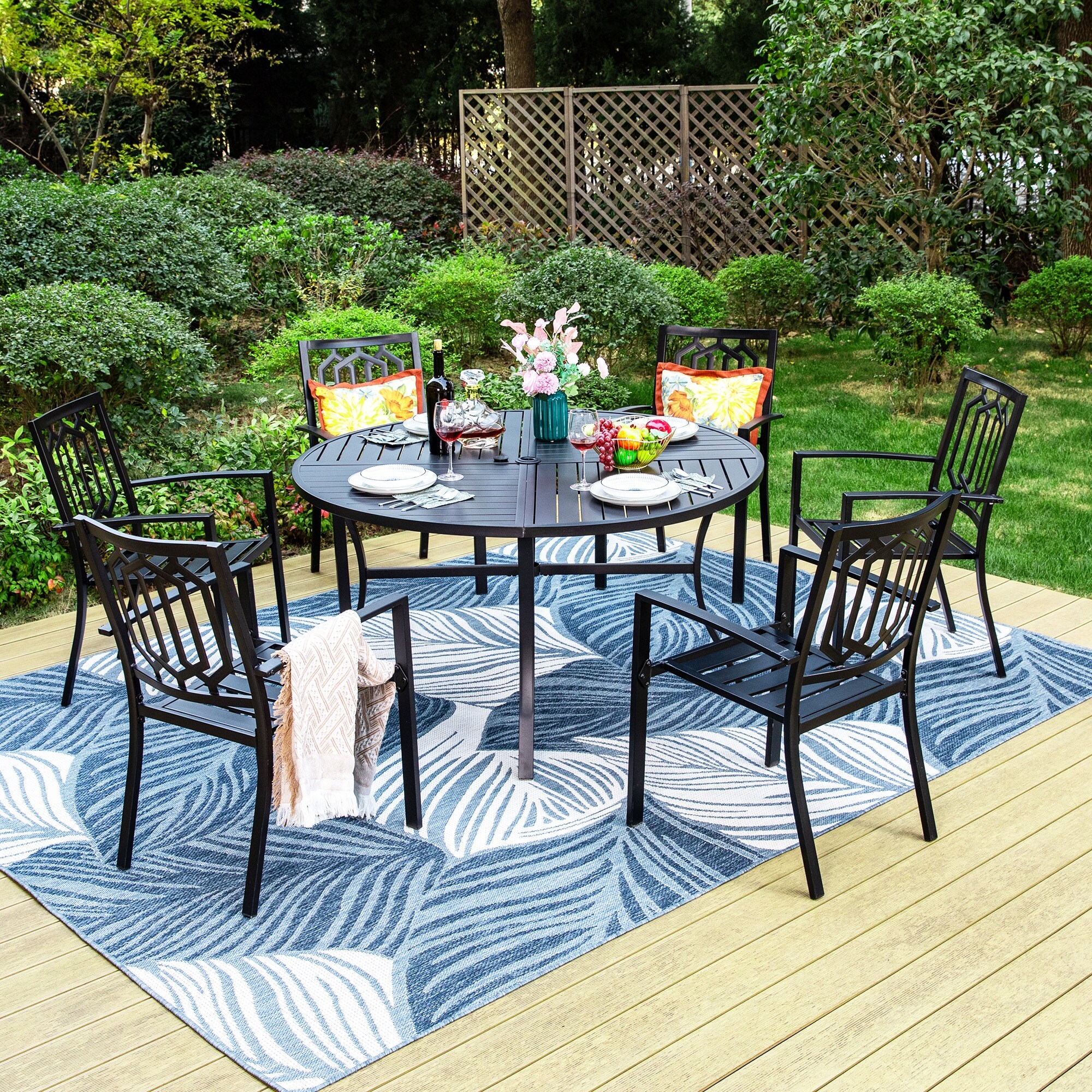 7-piece patio set with umbrella SERWALL 7 Pcs Outdoor Dining Set, 1 Hole Table & 6 Chairs, Black coated steel Fully Assembled Ohana Outdoor Patio
