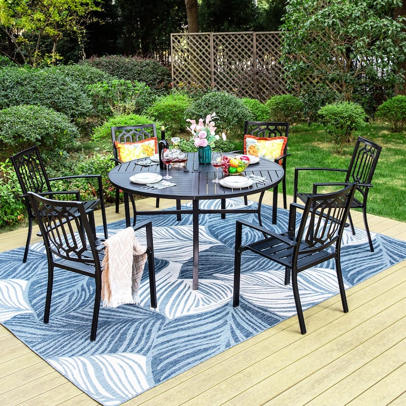 MAISON ARTS 7 Pieces Outdoor Dining Set for 6, Large Round Dining Table with Umbrella Hole & Stackable Metal Chairs