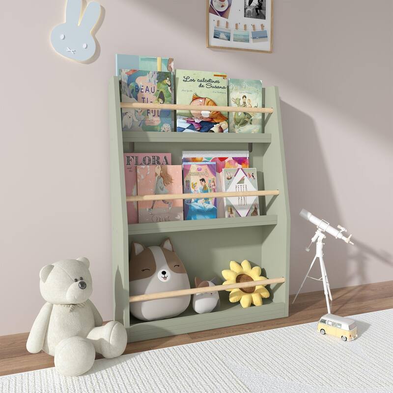 Anmytek 3-Tier Kids Wall Bookshelf with Slanted Front & Guardrails, Pastel Finish Wooden Display for Bedroom - Sage