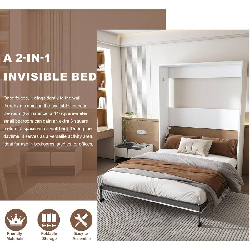 Queen Size Murphy Bed Foldable Wall Bed Frame Cube Cabinet Bed, Solid Wood Support Strips Platform Bed, Save-Space Hidden Bed