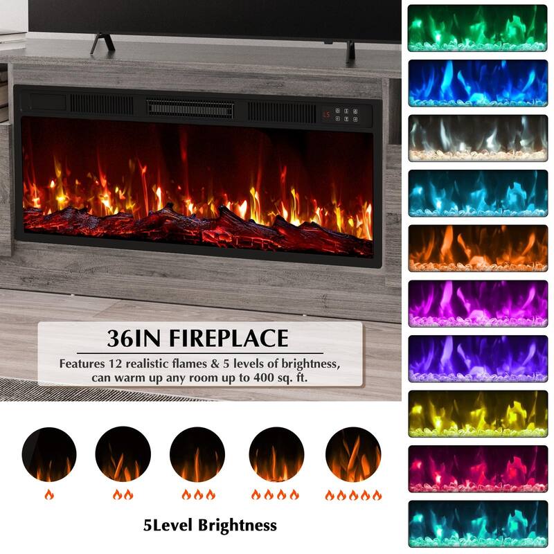 Bossin 70" Fireplace TV Stand with 36" Electric Fireplace, TV Stand for TVs Up to 80", 16 Colors LED Lights/Entertainment Center