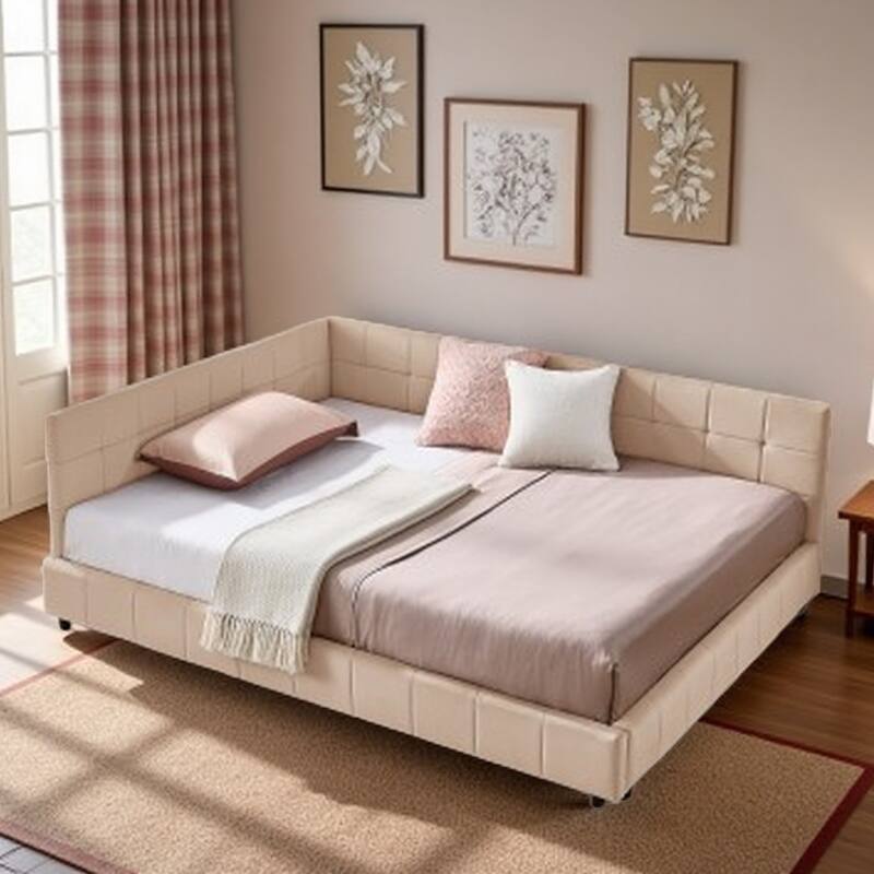 Full Size Velvet Upholstered Daybed with Tufted Backrest and Armrest, Mid-Century Sofa Bed Frame for Bedroom or Living Room - Pink