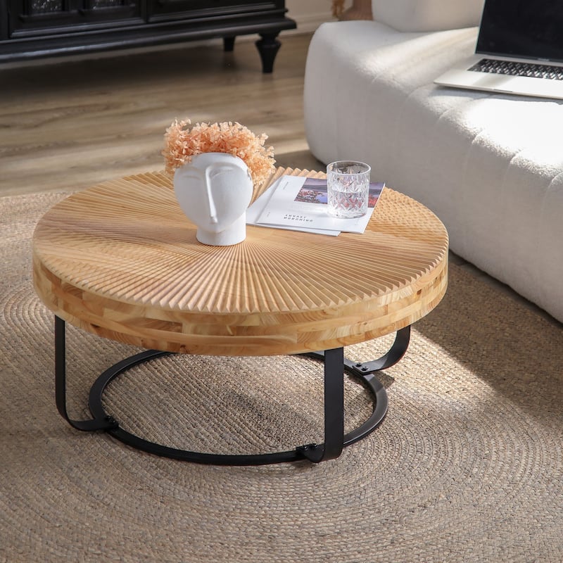24" Round Coffee Table with Metal Legs, Modern Carving Pattern Wood Table, Center Table for Living Room, Reception Room
