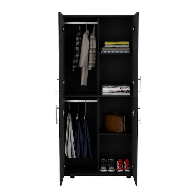 31.5" Modern Four-Door Armoire with Six Shelves and Two Hanging Rods for Bedroom