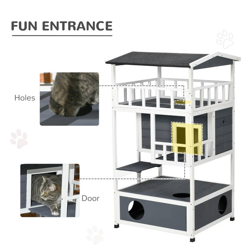 Wooden Outdoor Cat House, Feral Cat Shelter Kitten Tree with Asphalt Roof, Escape Doors, Condo, Jumping Platform - Grey