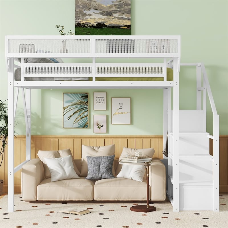 Full Size Loft Bed with Stairs,Metal Full Loft Bed w/Storage Shelves - White