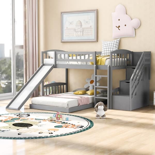 slide 2 of 18, Wood Twin Over Twin Low Bunk Bed with Slide, Ladder and Stairs Storage Gray - Twin