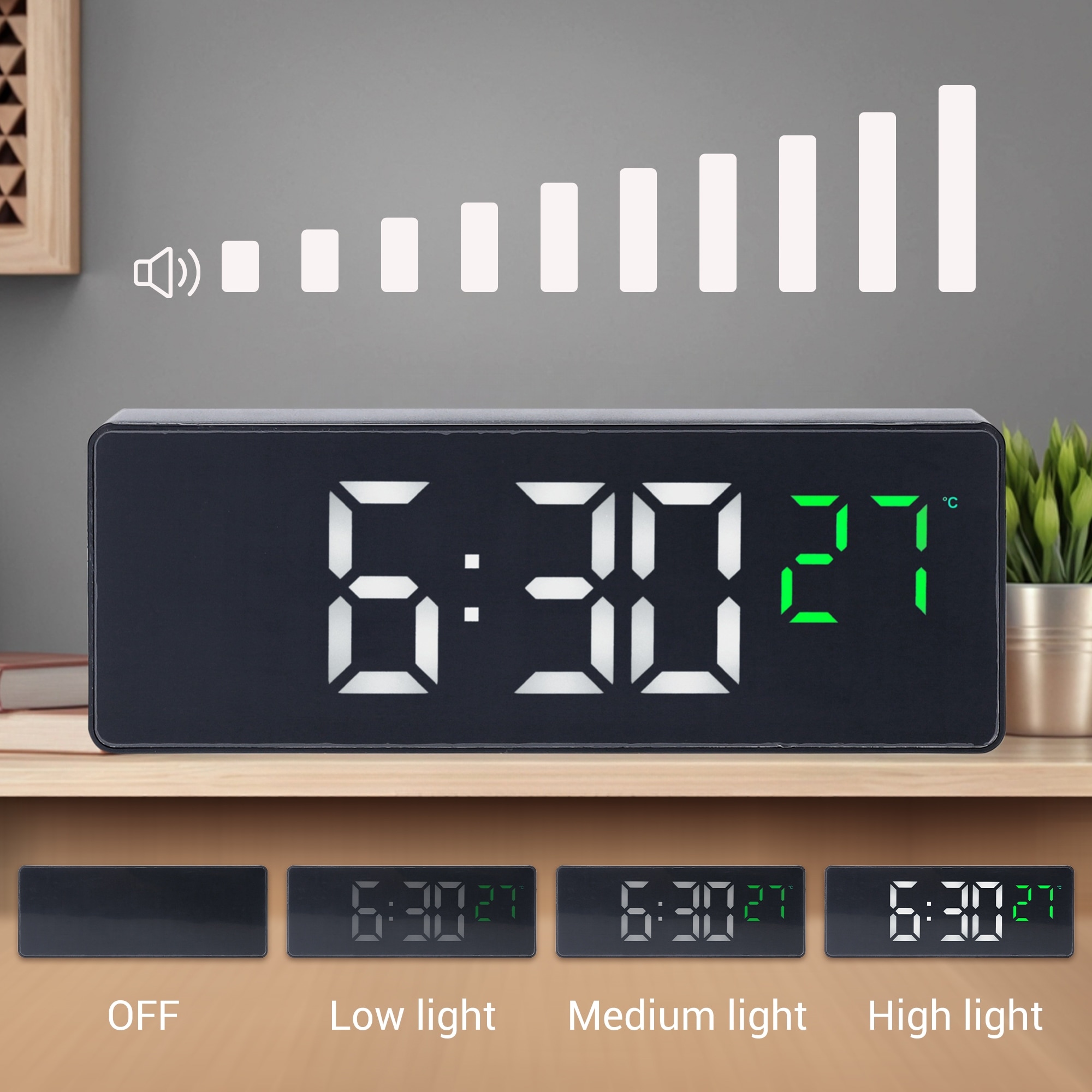 Three Alarm Clock Snooze Function Big Numbers Display Battery