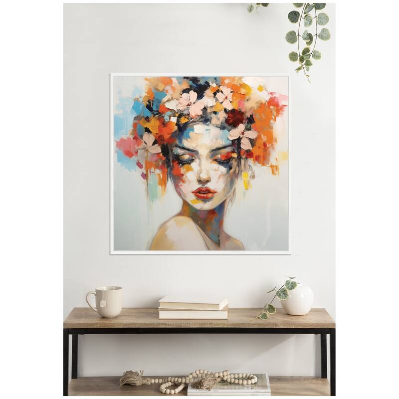 Kate and Laurel Sylvie Female Figure Colorful Flowers In Hair Framed Canvas by The Creative Bunch Studio
