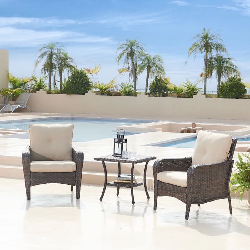 3 Piece Outdoor Wicker Bistro Chat Set with Cushion - Beige