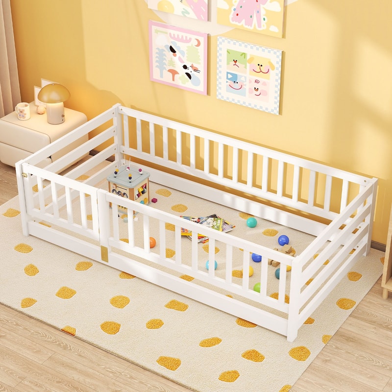 Montessori Solid Pine Wood Frame Twin Floor Bed with Safety Fence and Lockable Door No Slats