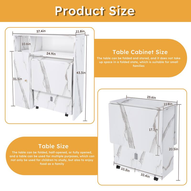 Folding Dining Table and Storage Sideboard with Charging Station， Multifunctional Space-Saving Kitchen Table with Wheels