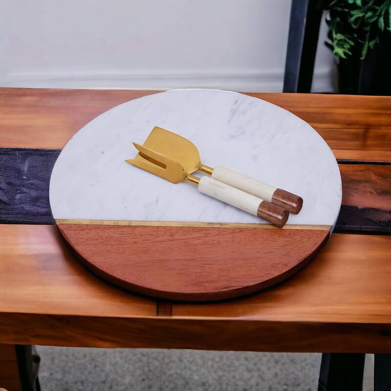 HomeRoots 12" Wood and Marble Cheese Board and Knife Set