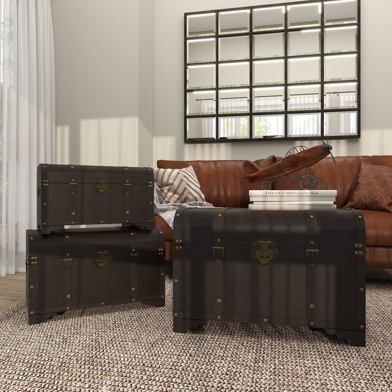 Brown Wooden Nesting Upholstered Decorative Trunk with Vintage Accents and Studs (Set of 3)