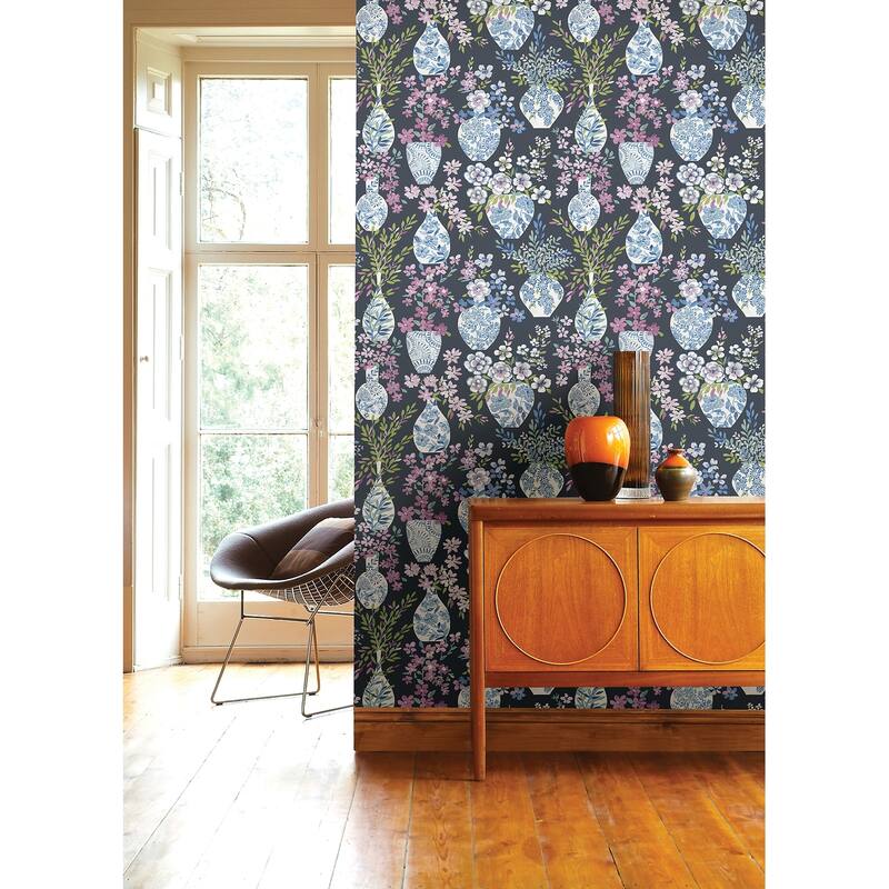 A-Street Prints Harper Charcoal Floral Vase Wallpaper