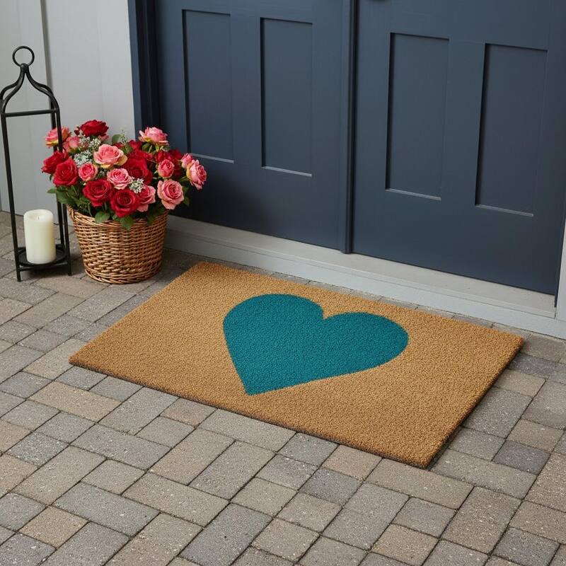HomeRoots 30" X 48" Brown And Turquoise Heart Outdoor Coir Door Mat - 30.00' X '48.00 - 30.00' X '48.00