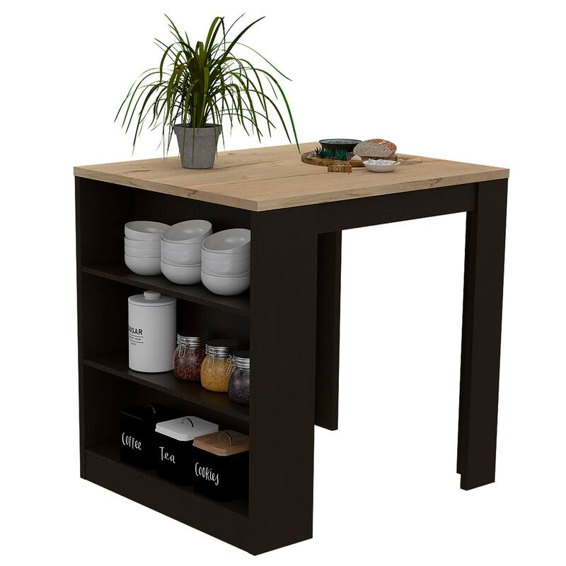 Black/Pine Kitchen Island Table with Open Shelves - 36" x 36" Countertop, Elegant Design