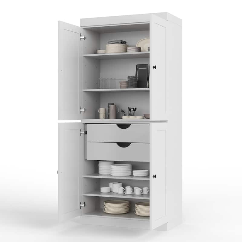 Palace Imports 100% Solid Wood 32" Pantry Cabinet with Shaker Doors, 2-Drawers and Adjustable Shelves - White