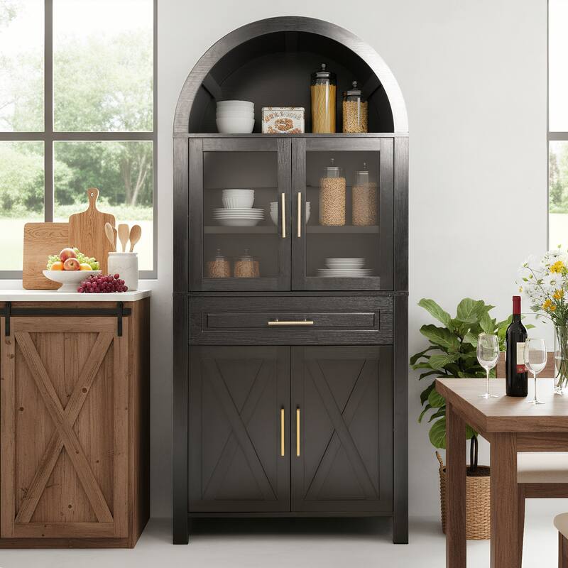 Roomfitters 71" Tall Arched Farmhouse Pantry Cabinet with Glass Barn Doors & Pull-Out Drawer