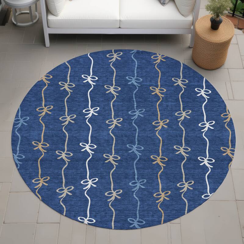Machine Washable Indoor/ Outdoor Modern Bow Stripe Chantille Rug - Navy - 8' x 8'