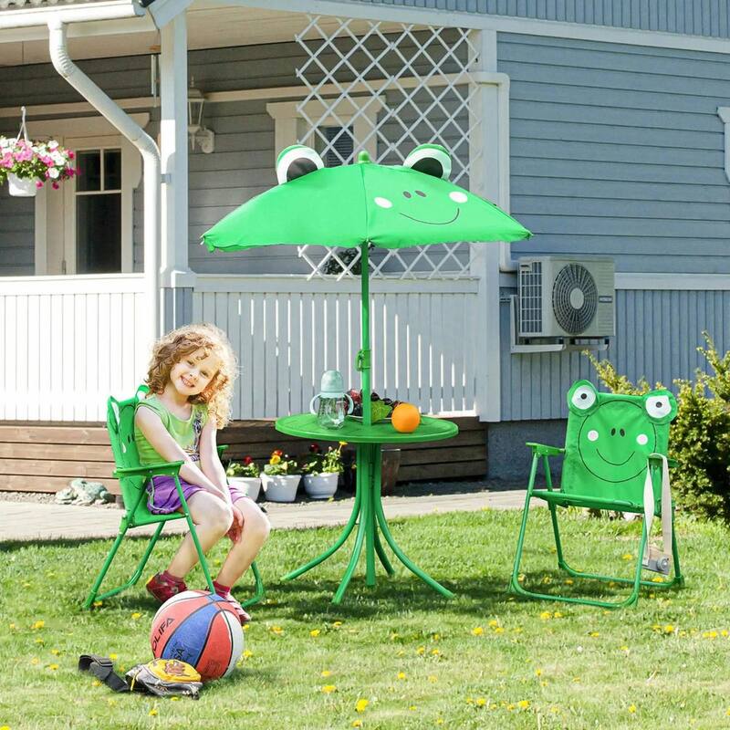 Folding Kids Picnic Table Set,Frog Pattern,Adjustable Umbrella,Garden