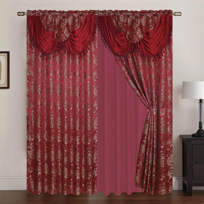 Clayton Jacquard Rod Pocket Curtain Panel Pair with Attached Valance - Burgundy