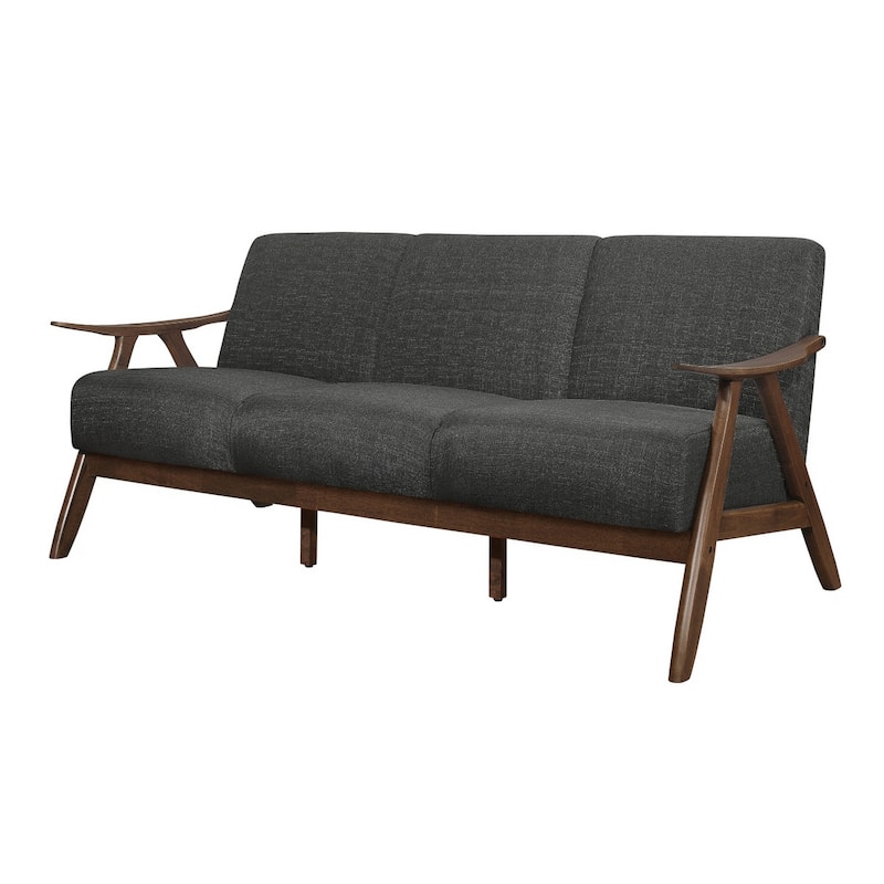 Indy 73 Inch Sofa, Brown Rubberwood Angled Frame, Textured Gray Fabric