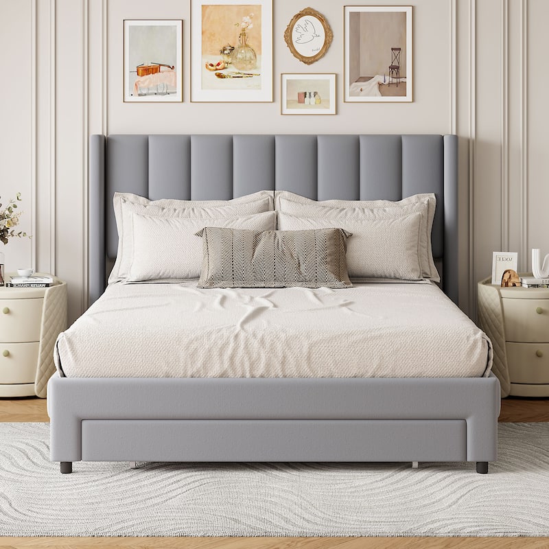 Velvet Upholstered Platform Bed with a Big Drawer,Full/Queen Size