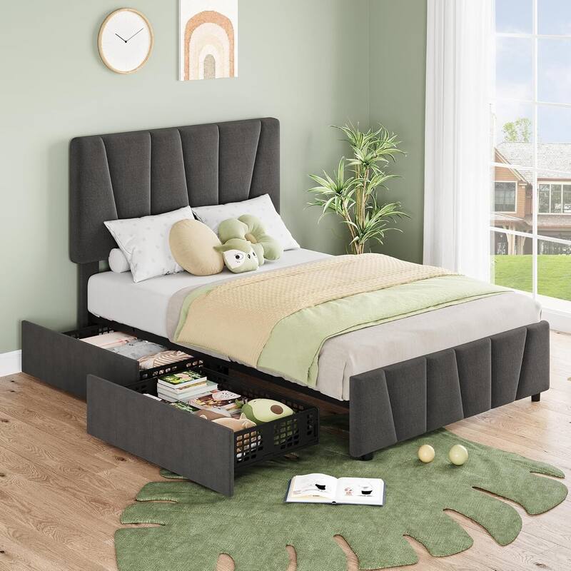 Twin Bed Frame with Headboard Adjustable and 2 Storage Drawers, No Box Spring Needed