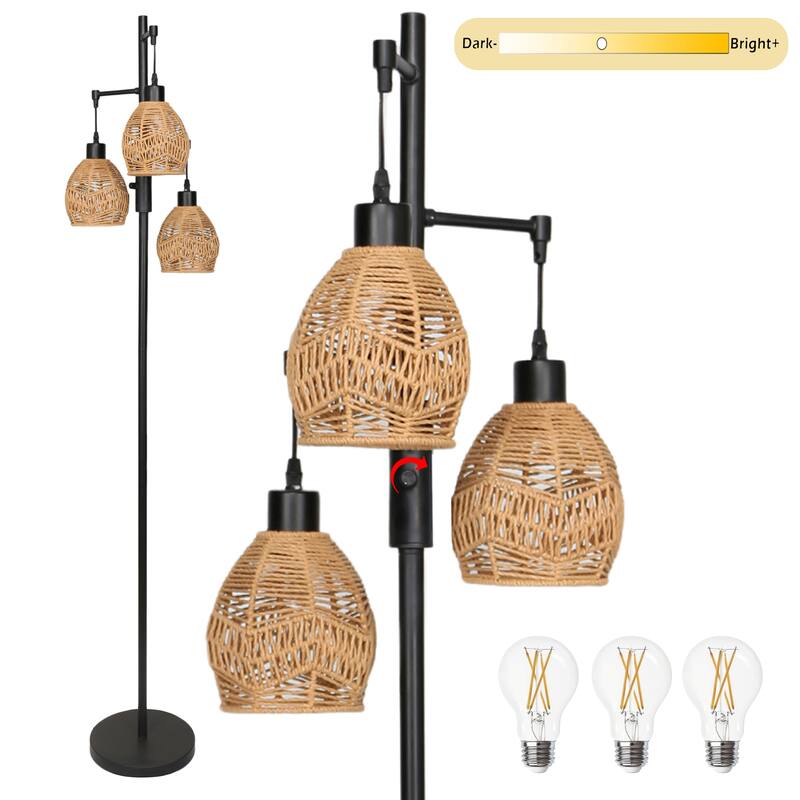 3-Light Woven Rattan Globe Tree Tall Floor Lamp