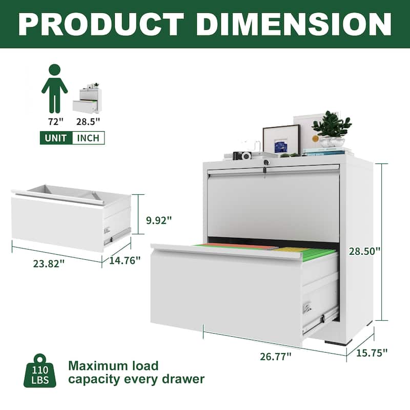 2 Drawer Lateral File Cabinet with Lock, Metal Lateral Filing Cabinet, Steel Wide Horizontal Filing Cabinets for Letter/Legal