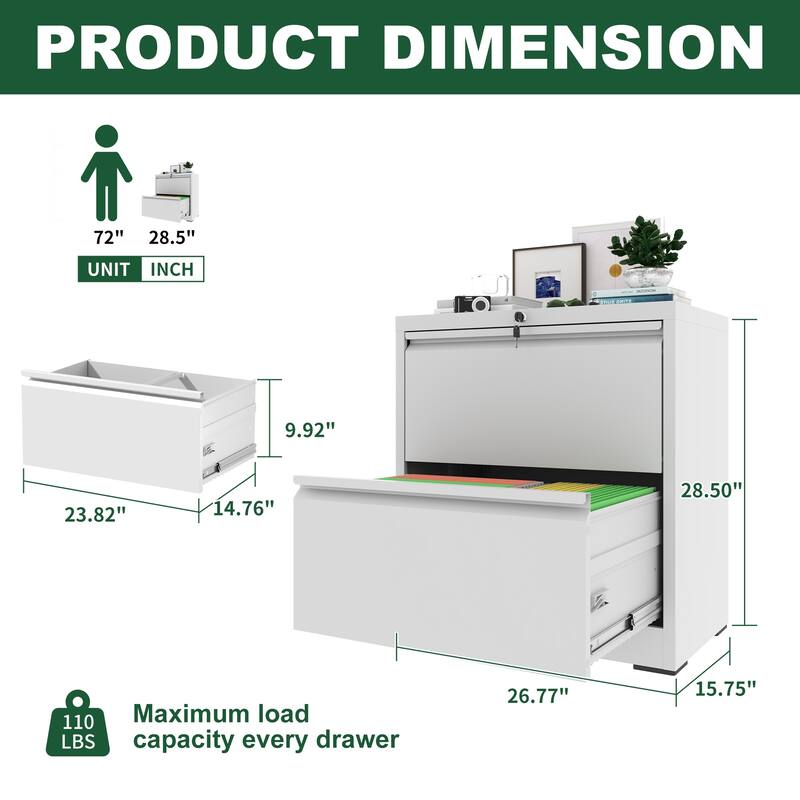 Spacious Dual Drawers Lateral File Cabinet with Lock, Lockable Home Office Storage Cabinet with 2 Anti-Tip Drawer