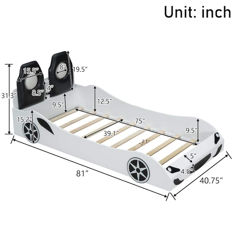 Twin Size Wood Race Car Platform Bed with LED Lights, Upholstered Backrest & Safety Rails