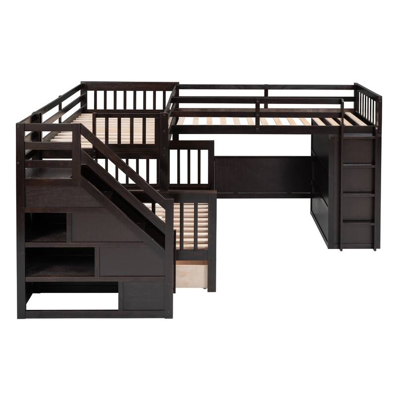 L-Shaped Bunk Bed with Storage Stairs, Fold Desk, Wardrobe, Twin - Twin Over Full Bed with Pull-out Underneath Storage Drawers