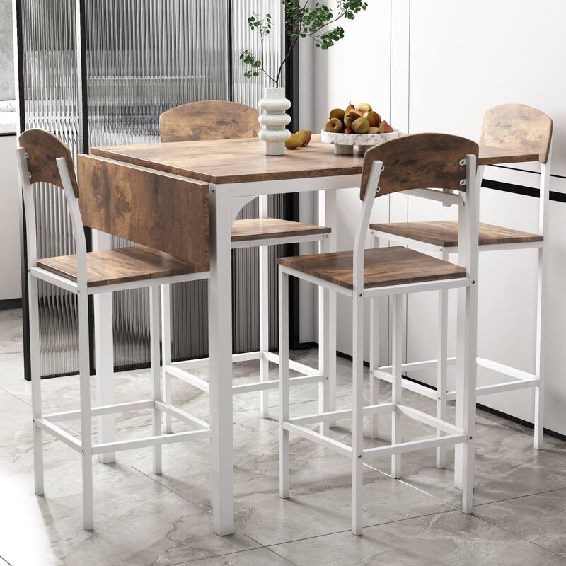 Rustic 5-Piece Counter Height Drop Leaf Dining Table Set with Space-Saving Design for Modern Farmhouse Kitchens