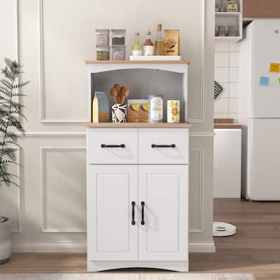 White Wooden Kitchen Pantry Cabinet with Microwave Shelf, Drawer and Closed Cabinets, Pantry Room Storage Microwave Cabinet